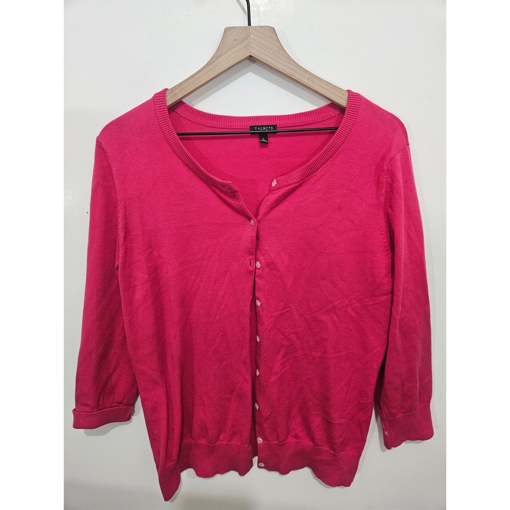 Talbots Pink Cotton Blend 3/4 Sleeve Button Front Cardigan‎ Sweater Womens L